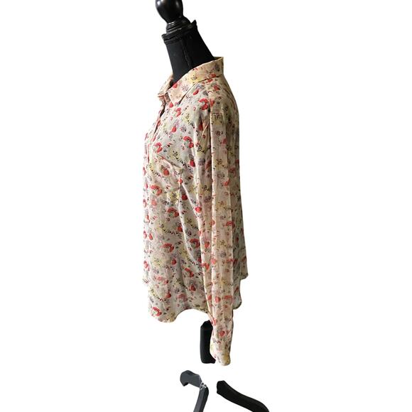 Ann Taylor LOFT Long Sleeve Sheer Cream Red Floral Button Up Blouse, Sz XL - Picture 7 of 10